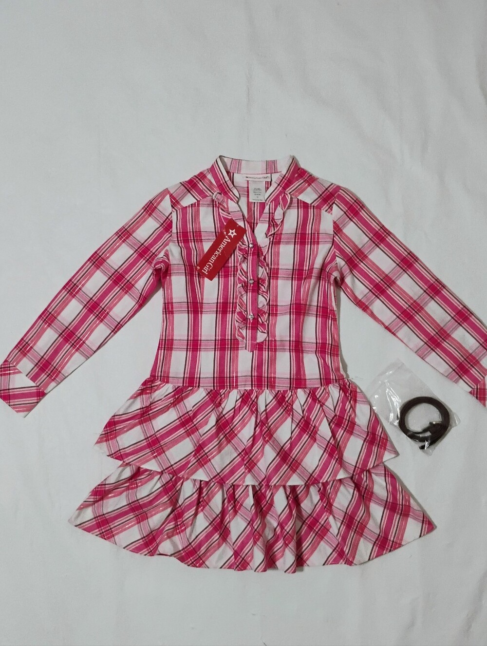 American Girl Western Pink White Plaid Dress With Belt Girls Size 12-NEW